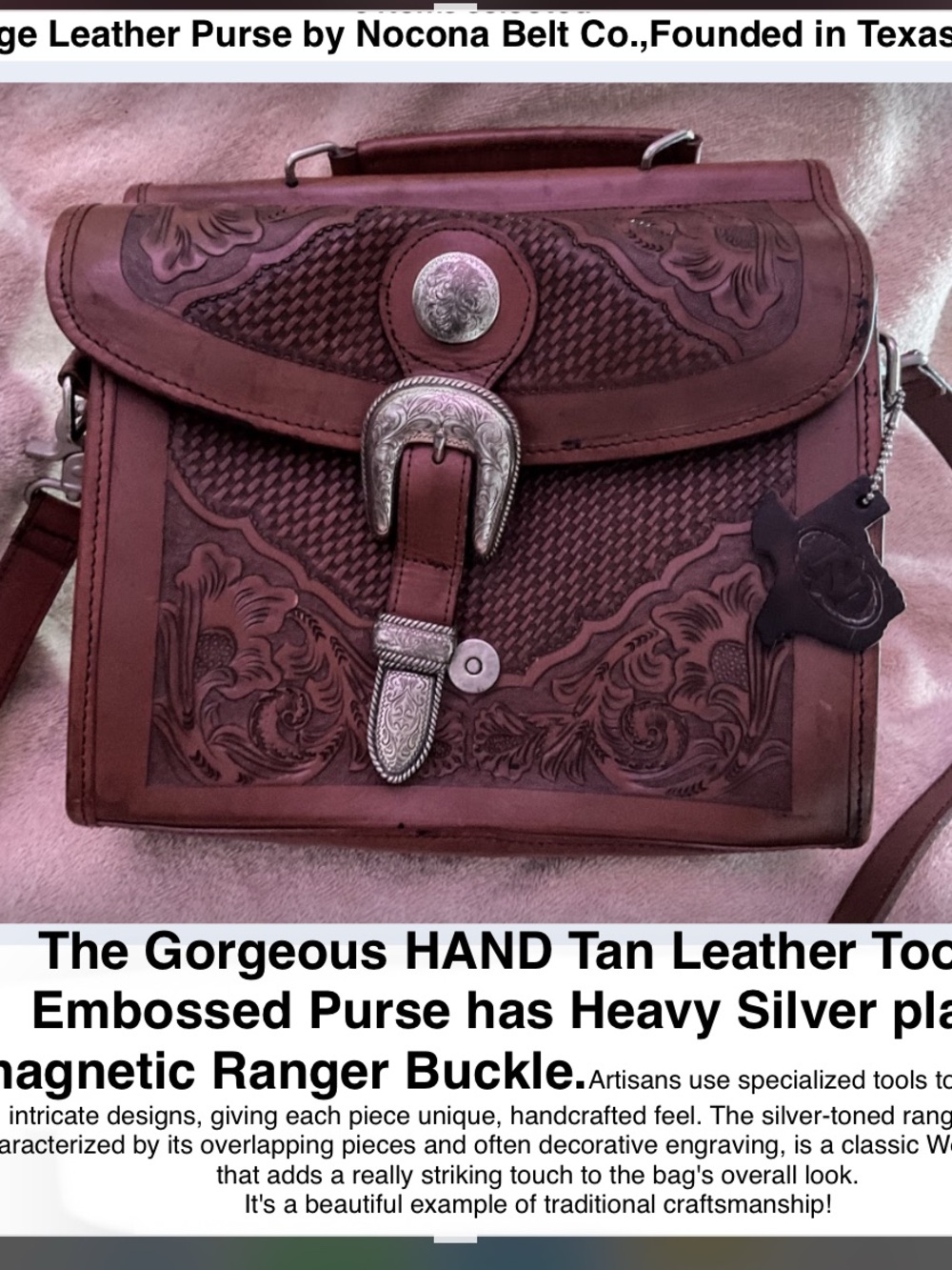 Nocona Brown Tooled Leather Messenger Satch Bag with Silver Plated Ranger Buckle